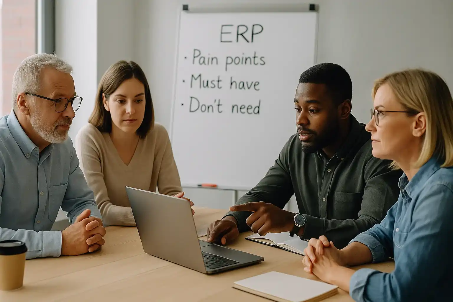 A diverse team discusses ERP system requirements, prioritizing pain points, must-haves, and unnecessary features.