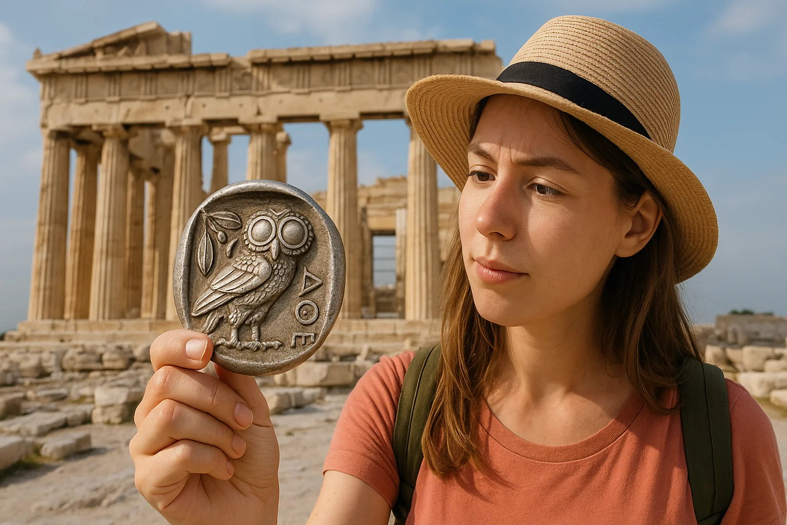 A tourist in Greece curiously inspects an enlarged replica of an Athenian owl tetradrachm.