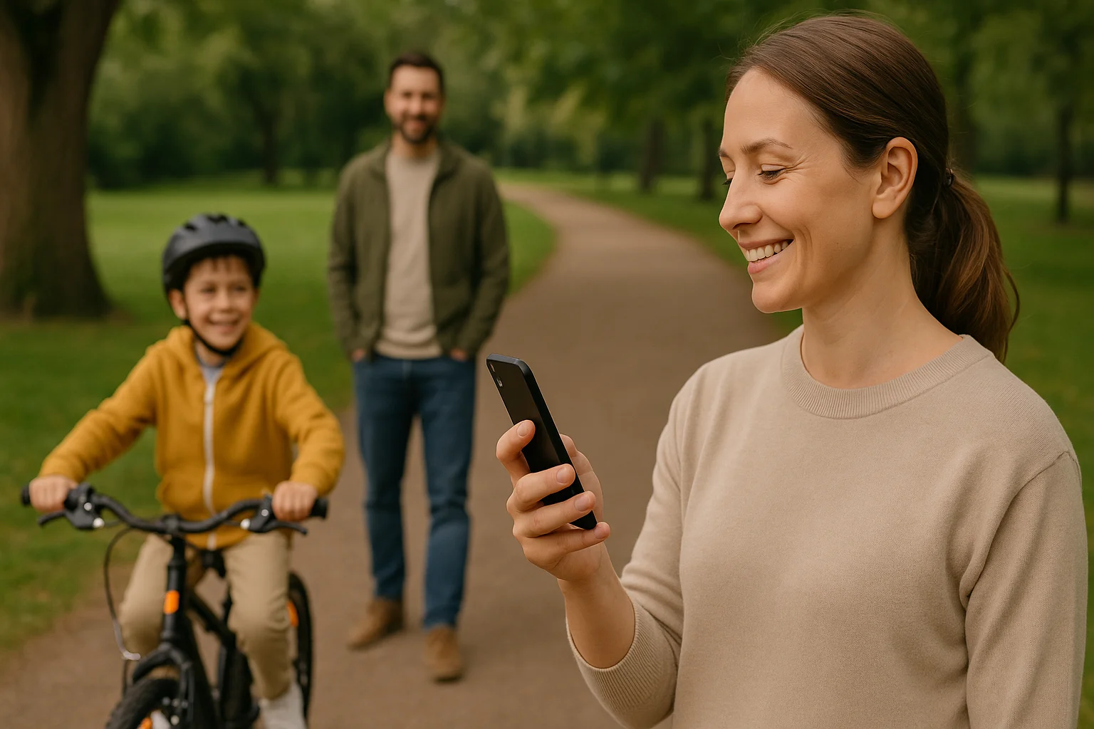A smiling mother checks family geotags in the app while spending time with her family in the park.