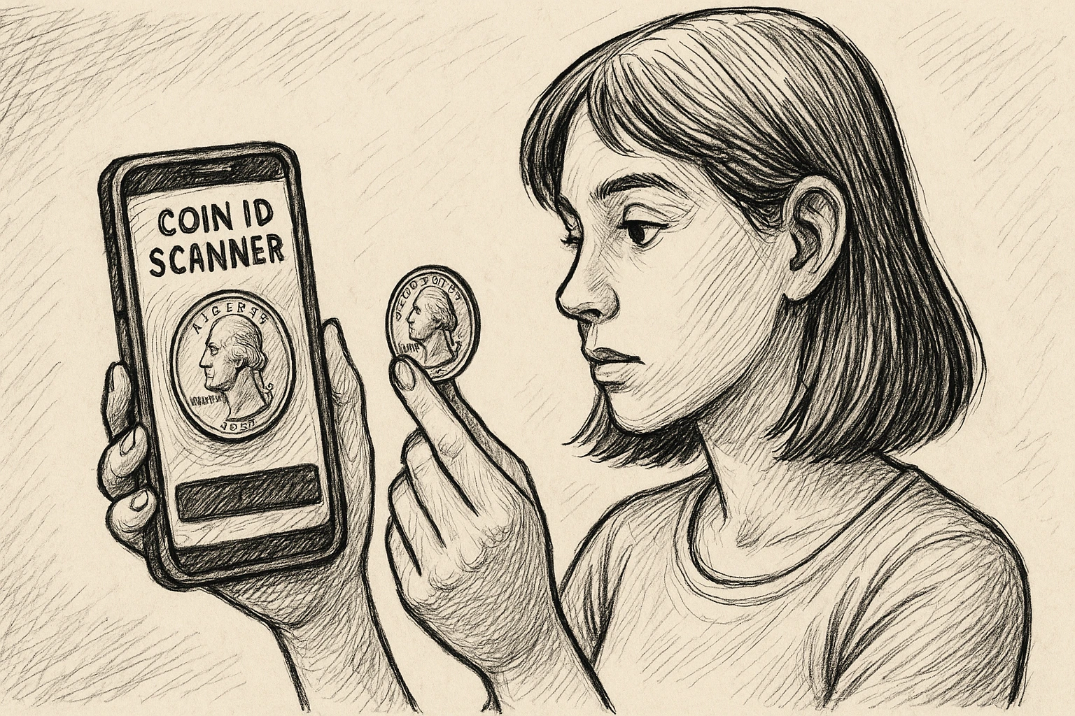 A girl is detecting a valuable quarter via the Coin ID Scanner.