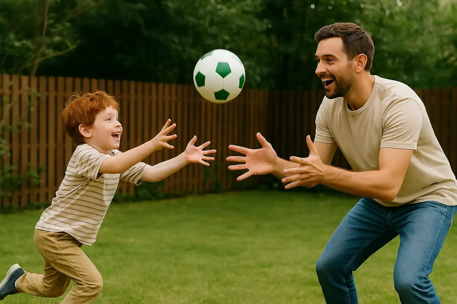 A father and his young son joyfully play catch in the backyard to develop hand eye coordination, both focused on the ball mid-air.