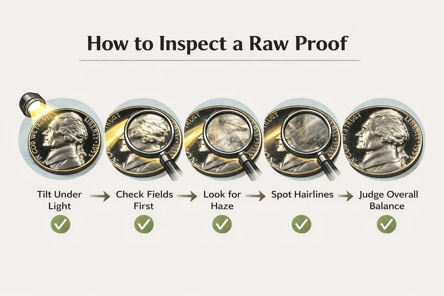 Step-by-step infographic for checking a raw proof coin under light.